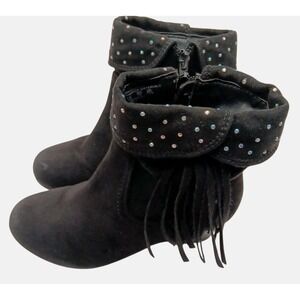 Roebuck & Co Girls Black Faux Suede Fringe Ankle Boots Studded‎ US 13